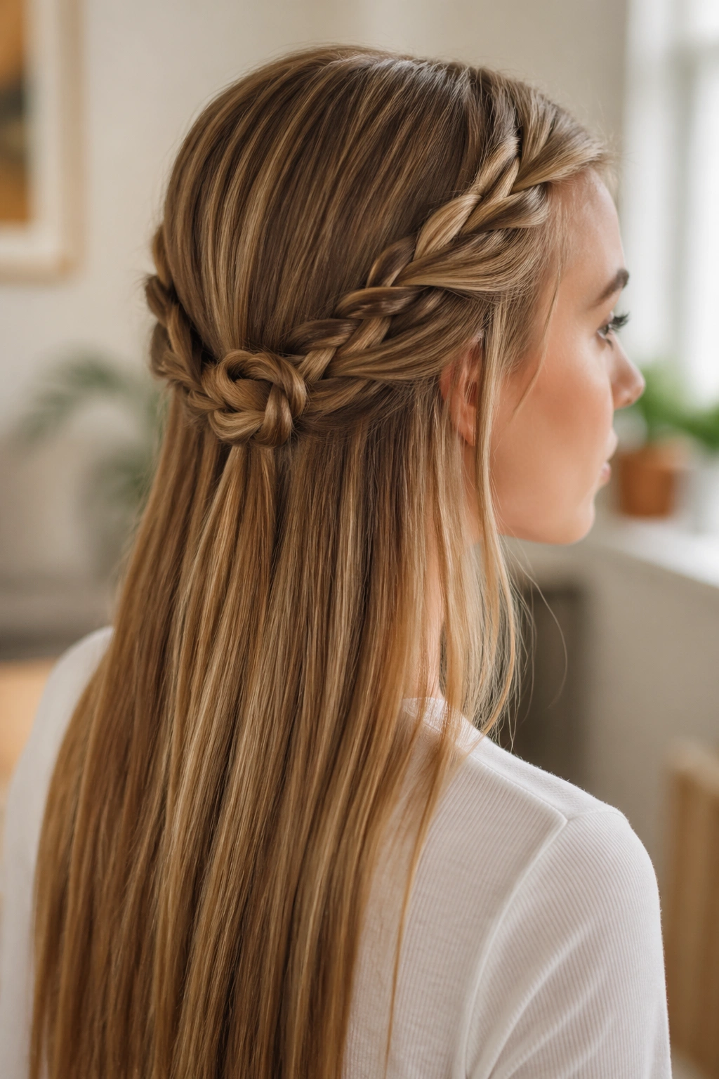 Close-up of a real woman with braided knot half-up on long straight hair
