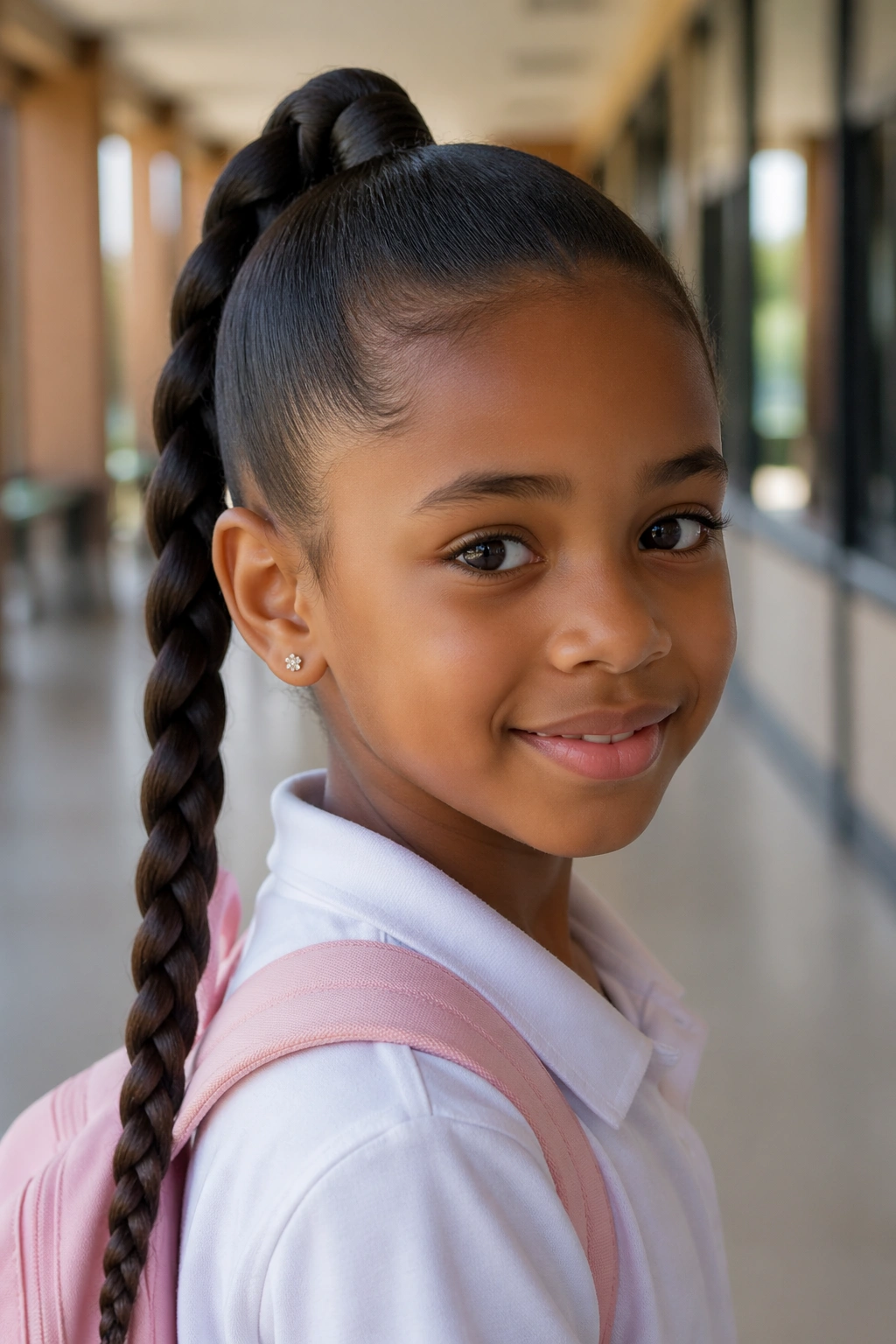 Close-up of a child with braided length ponytail in a sunlit hallway