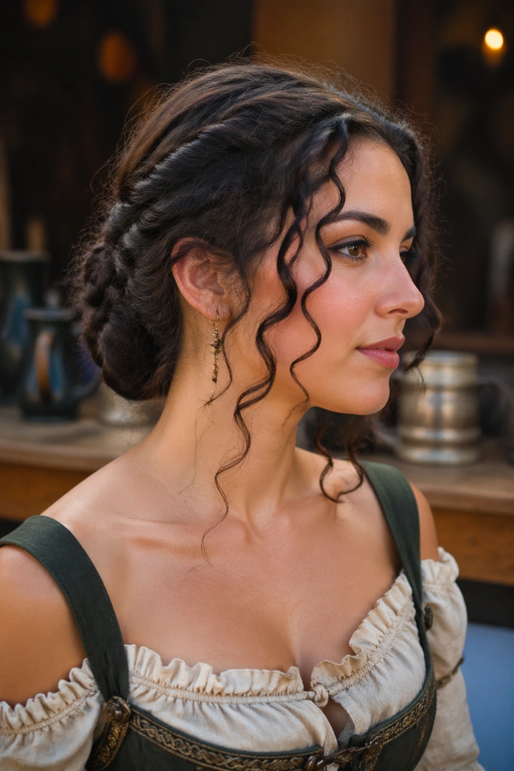 Close-up of a real woman with a braided low bun and front curls