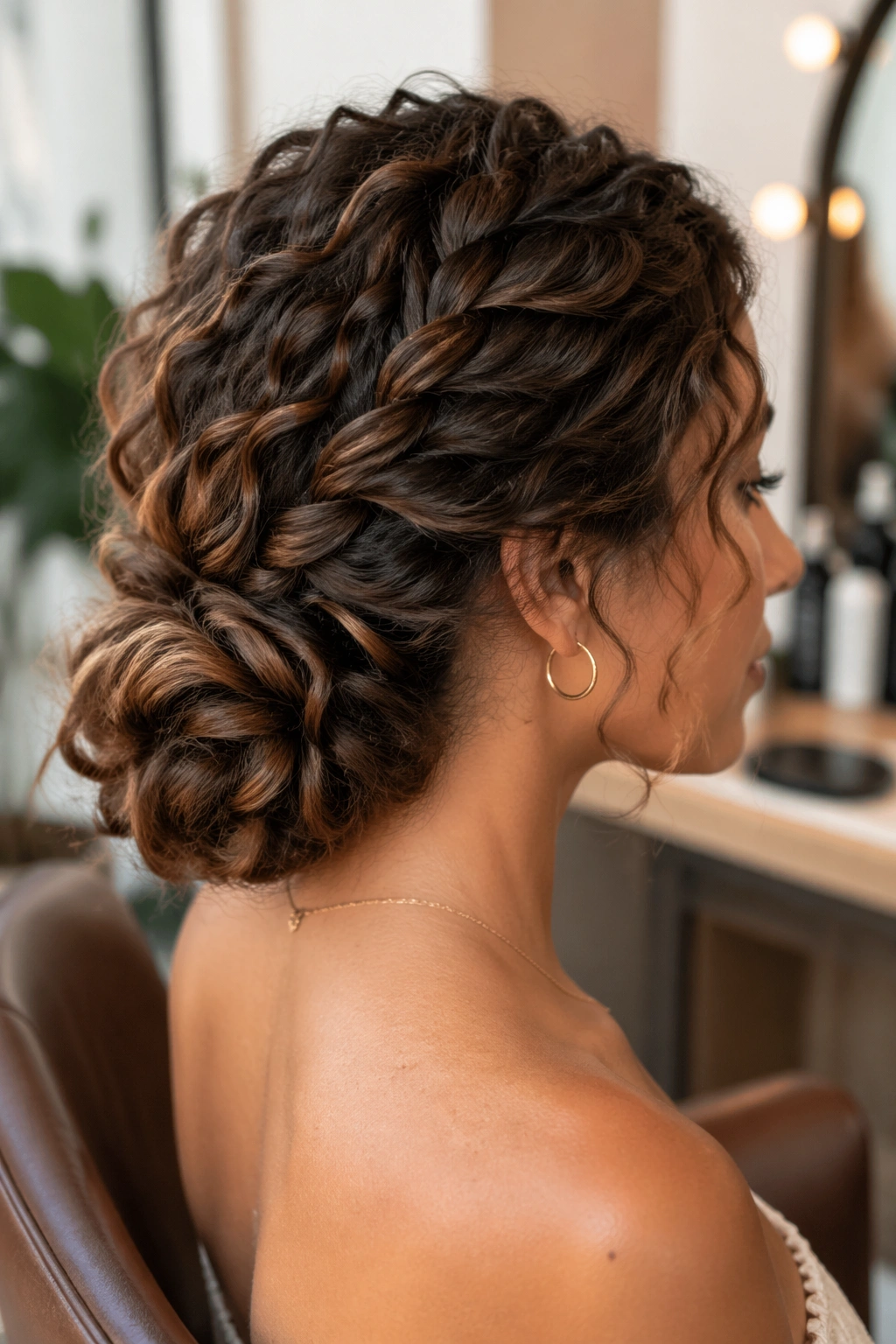 Portrait of a real person with braided low knot and textured curls