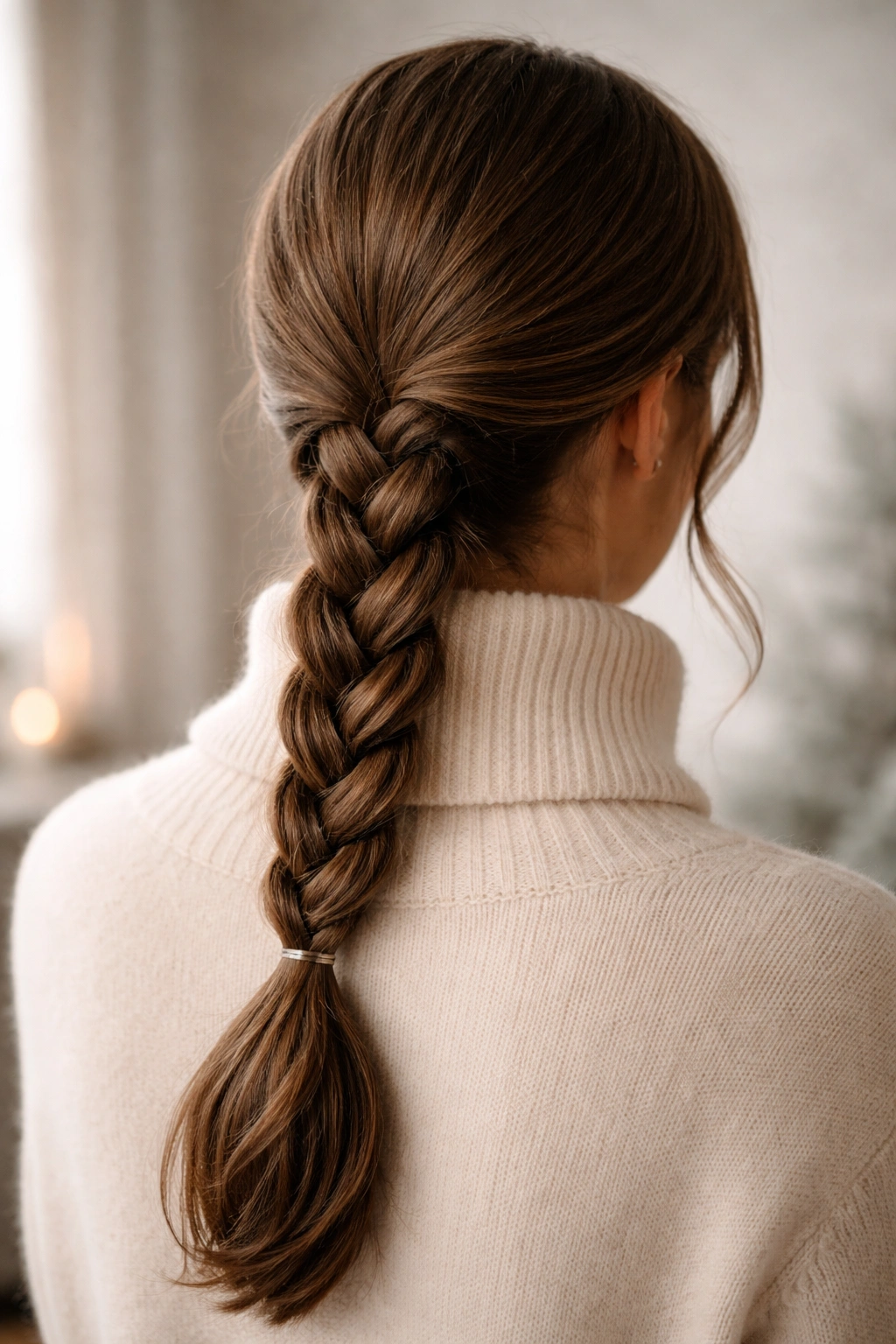 Braided low ponytail with a neat three-strand braid at the nape.