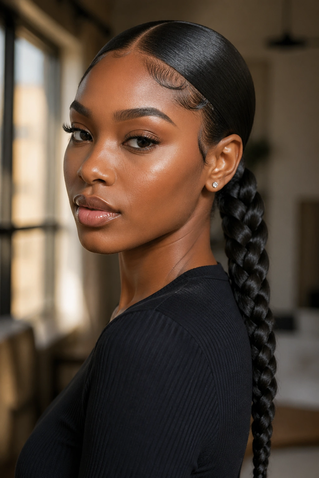 Close-up of a real Black woman with braided low ponytail