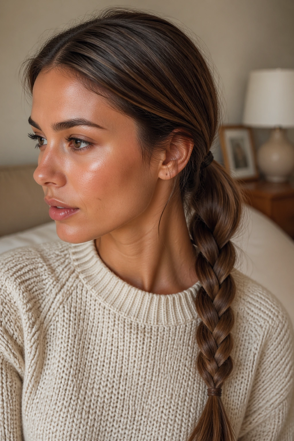 Close-up portrait of a real woman with a braided low ponytail