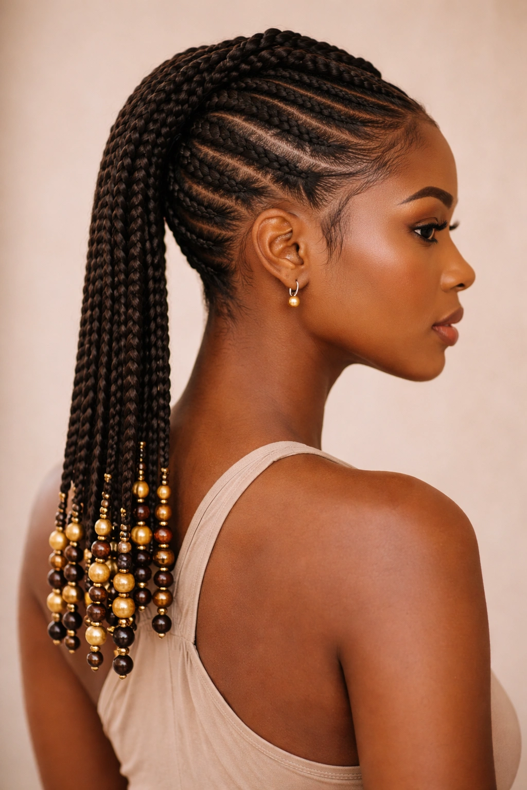 Mohawk ponytail with beaded ends along tidy base braid.