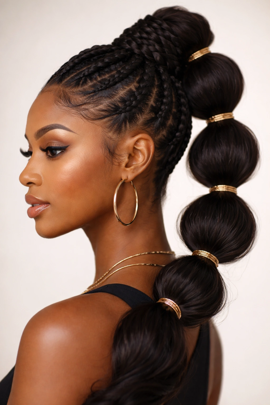 Close-up of a high braided mohawk with bubble sections on extension hair.