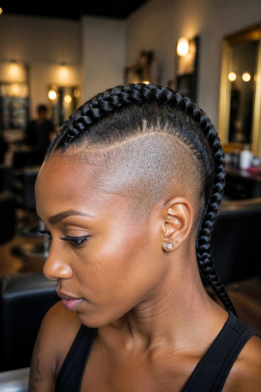 Close-up of a real person with a braided center Mohawk strip from forehead to nape.