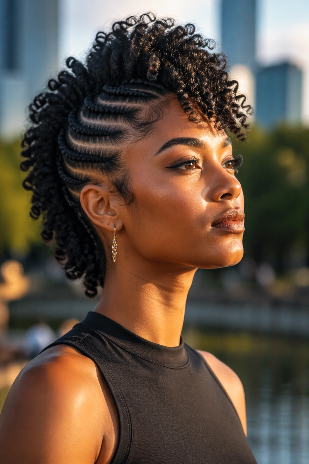 Portrait of a real person with a braided mohawk and defined coils
