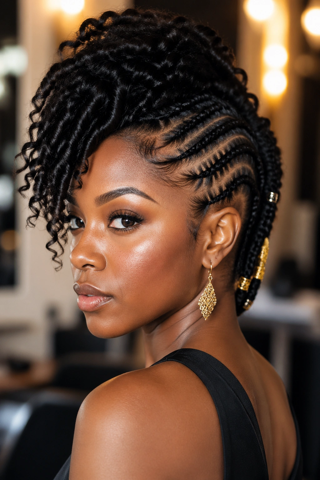 Portrait of a woman with a braided mohawk, gold cuffs on side braids and a full center curl.