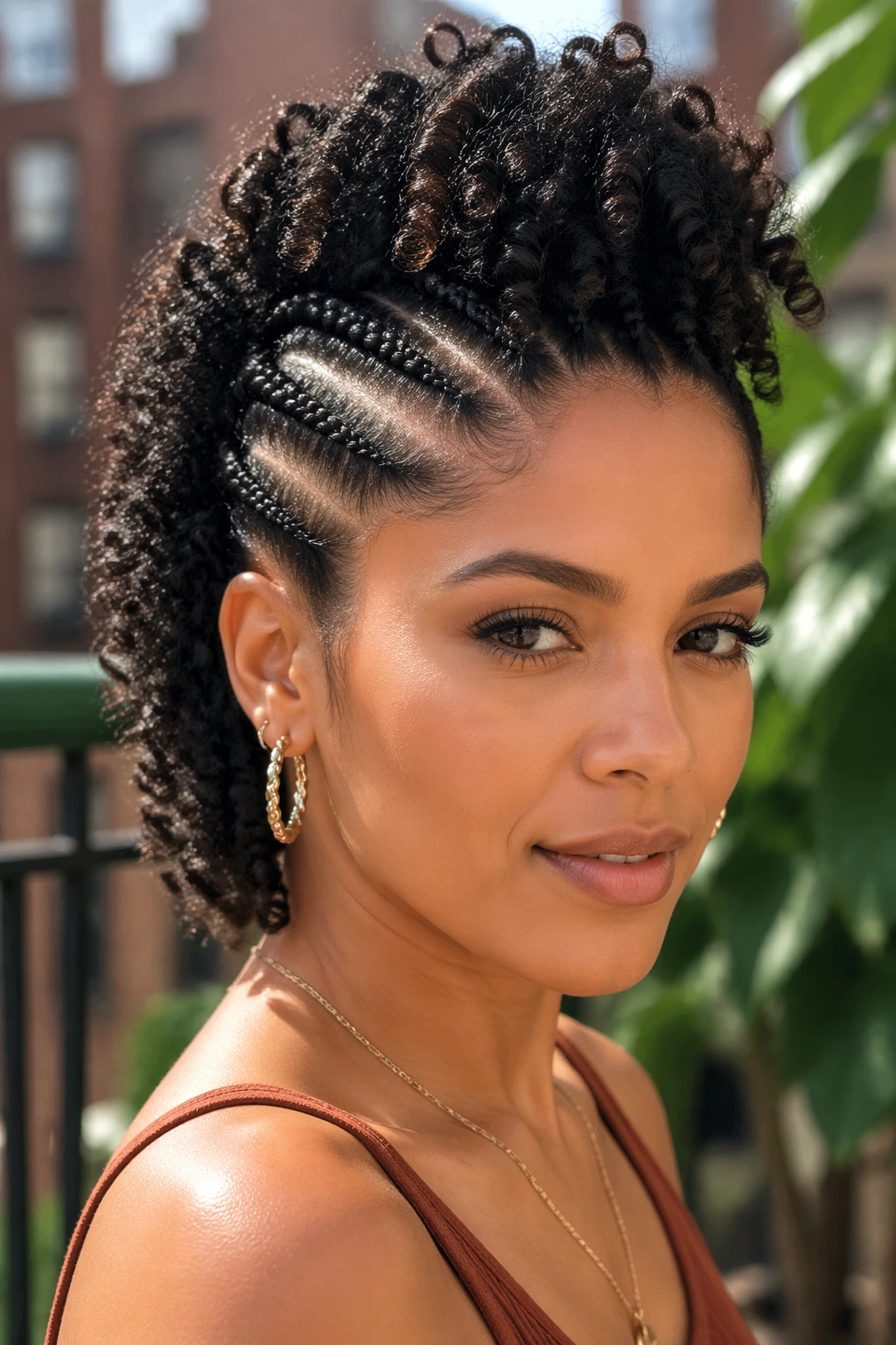 Close-up of braided mohawk on big dense curls