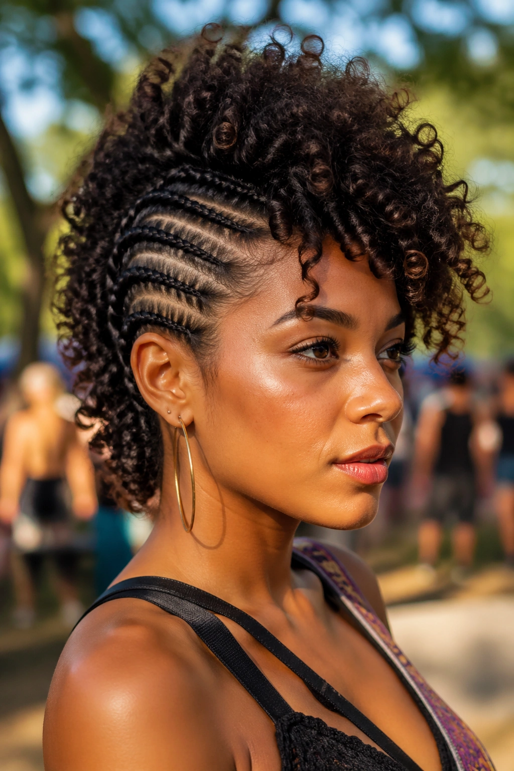 Close-up of braided mohawk with curly top on a real person at festival