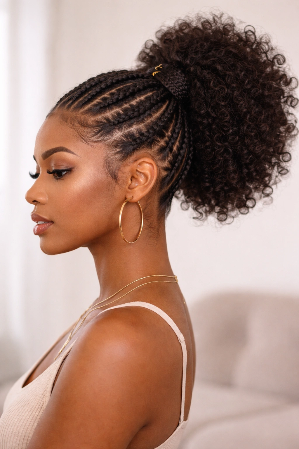Braided mohawk ponytail ending in curly afro puff at back.