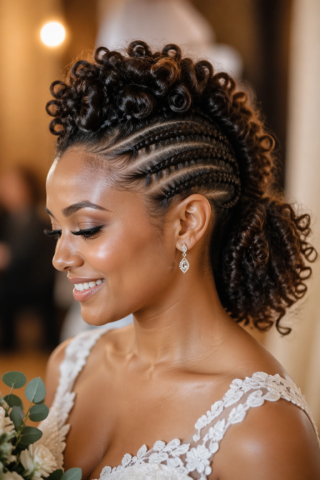 Head-and-shoulders portrait of a bride with a braided mohawk and curly ponytail.