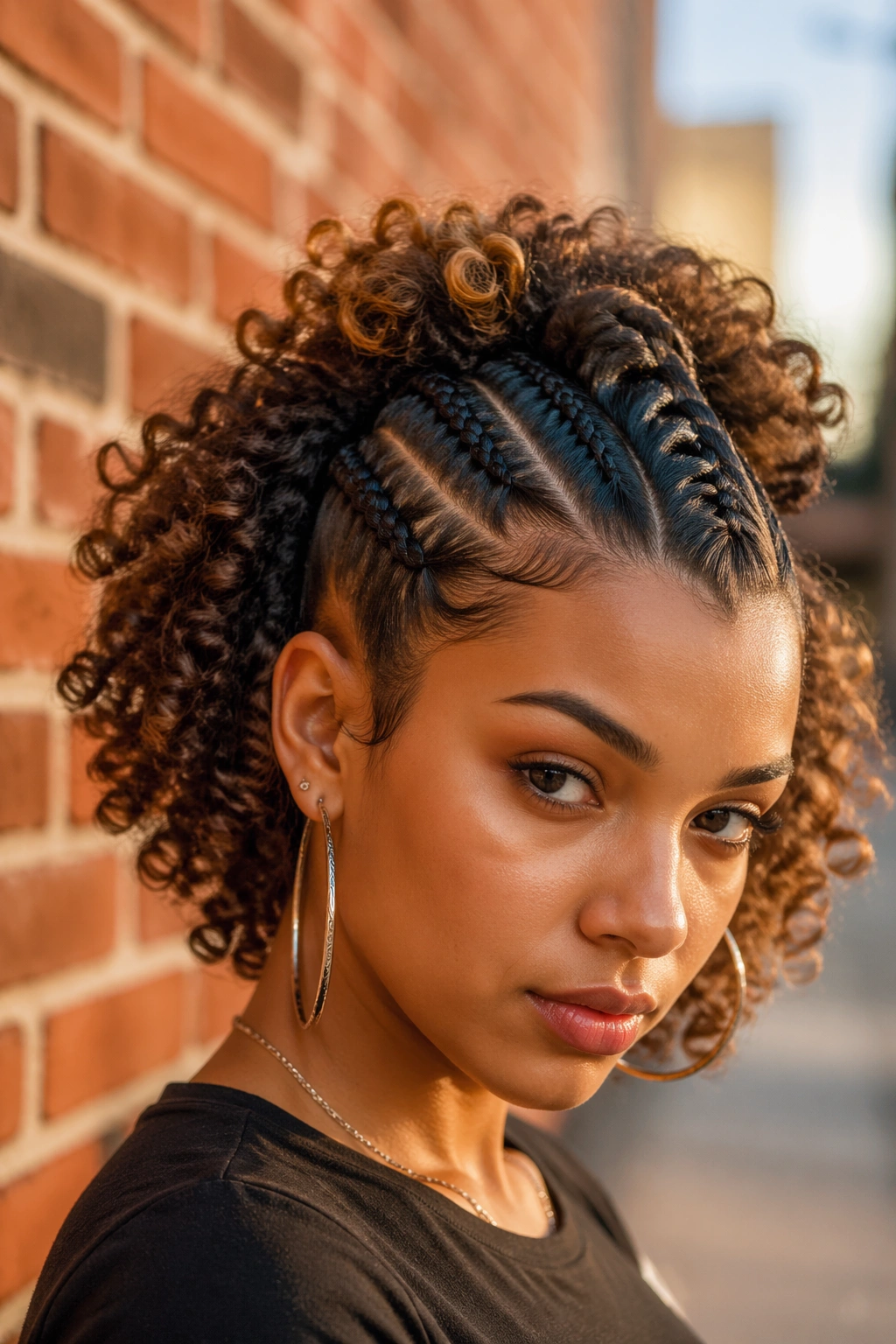 Close-up of a real person with a braided mohawk and curly sides outdoors