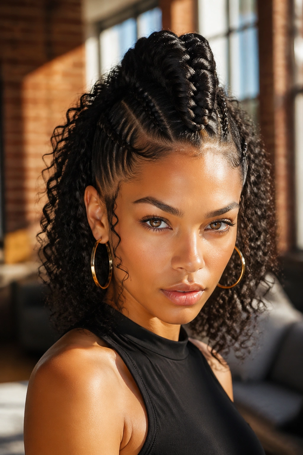 Close-up of a real person with a braided mohawk and soft curly sides