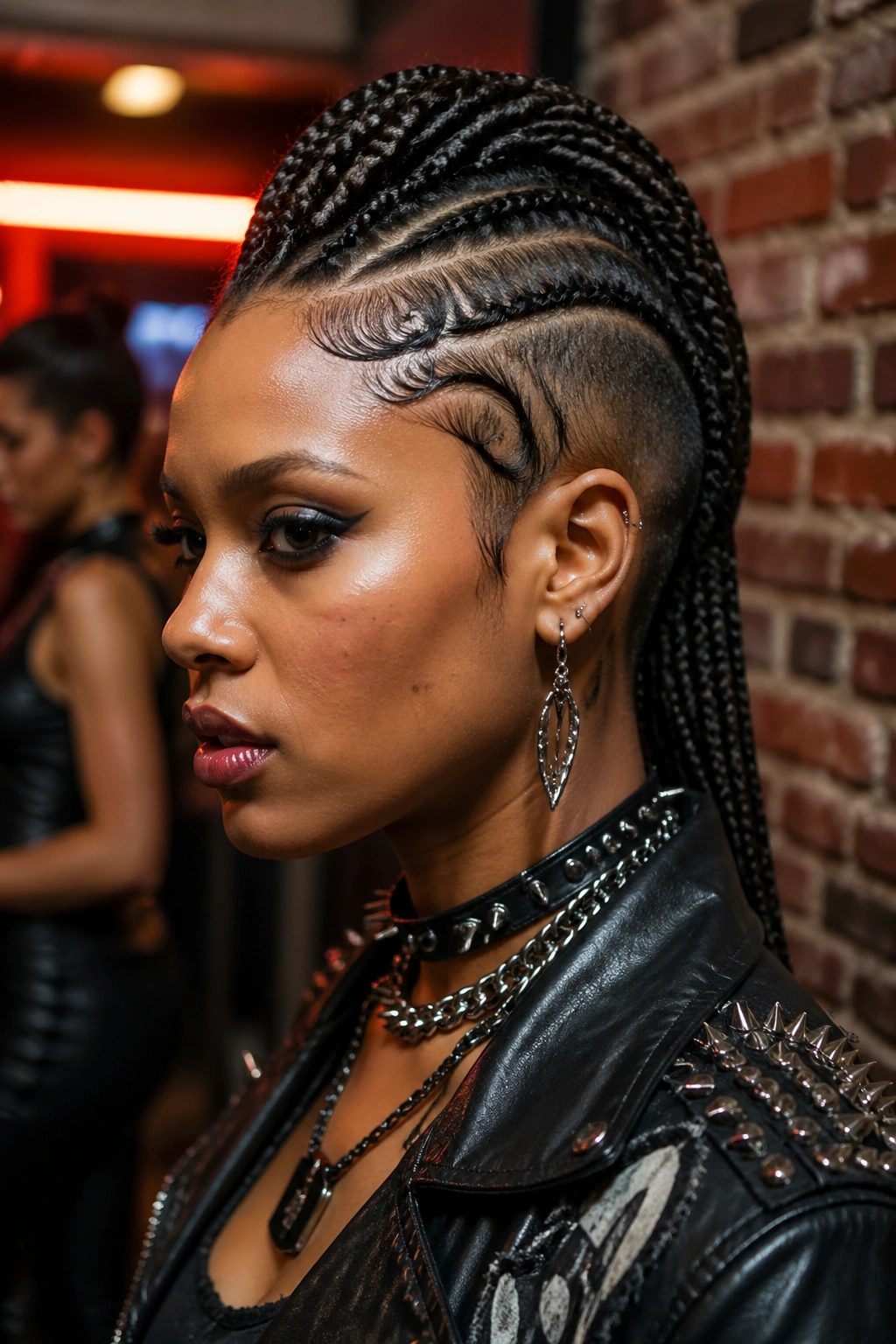 Close-up portrait of a Black woman with braided mohawk and sharp edge designs