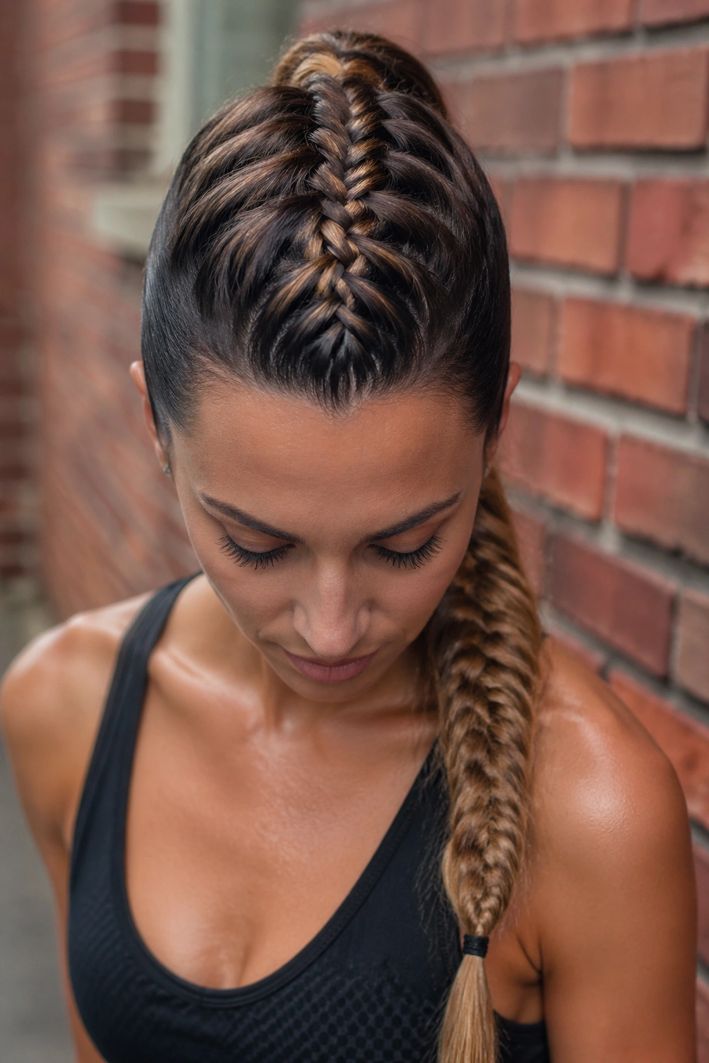 Close-up of a real woman with a braided mohawk into fishtail ponytail against brick wall