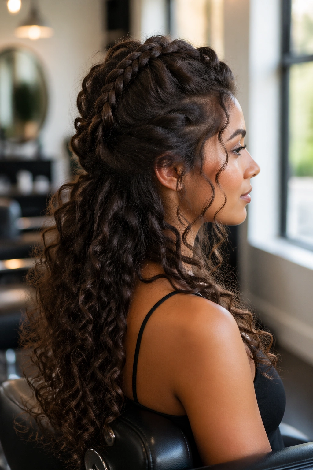 Side profile view of braided mohawk half-up hairstyle.
