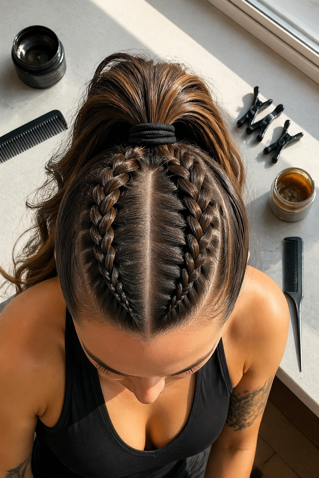 Overhead flat-lay of braided mohawk ponytail on styling station.