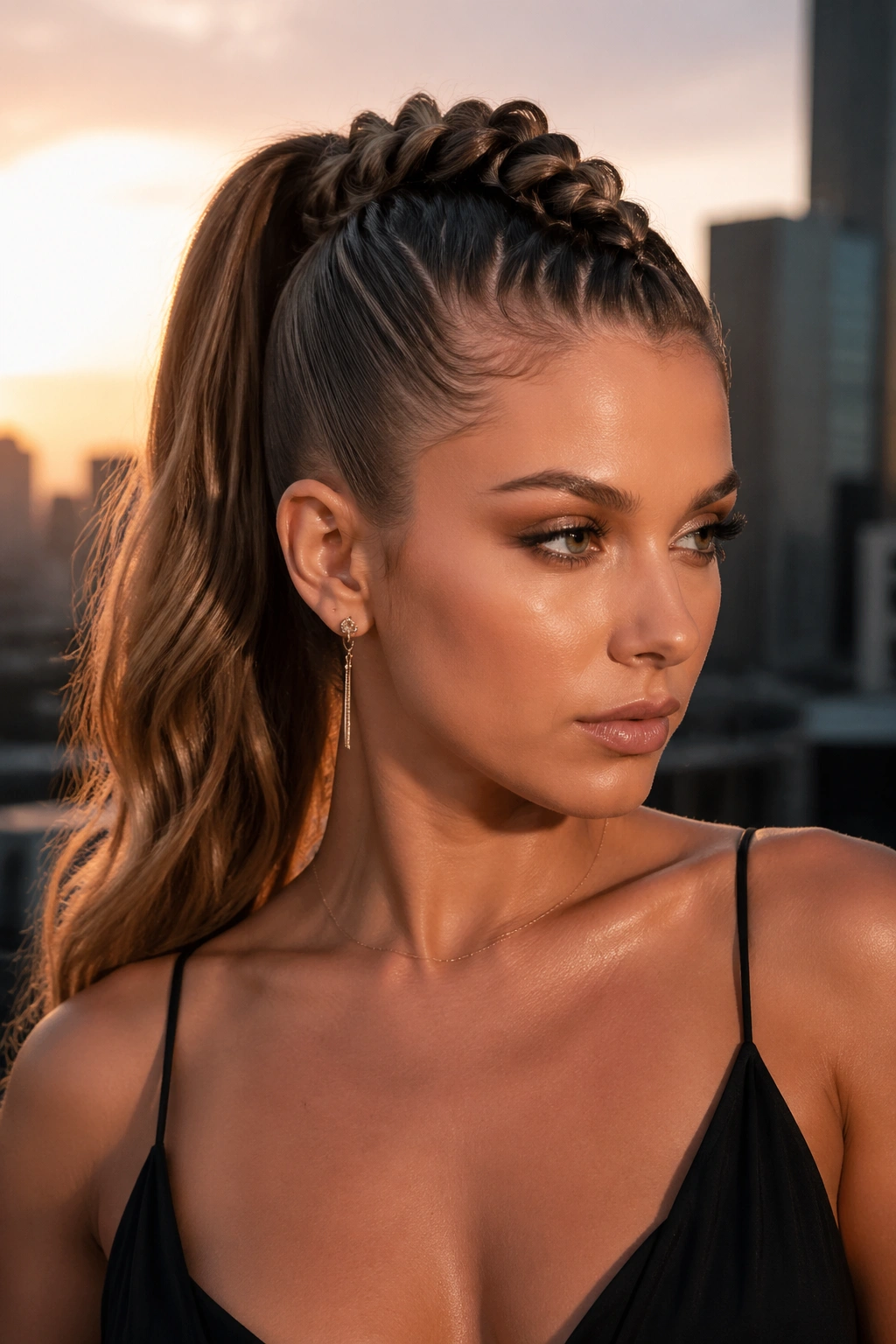 Close-up of a real woman with a braided mohawk ponytail on a rooftop at sunset