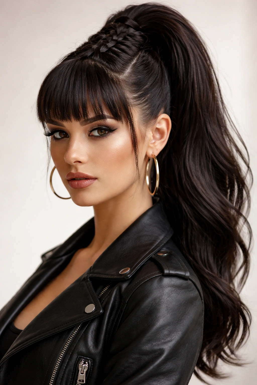 Braided mohawk with ponytail and short bangs in a studio