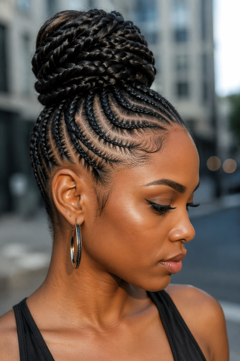 Close-up of a real woman with a braided mohawk ponytail bun, cornrows along the sides.