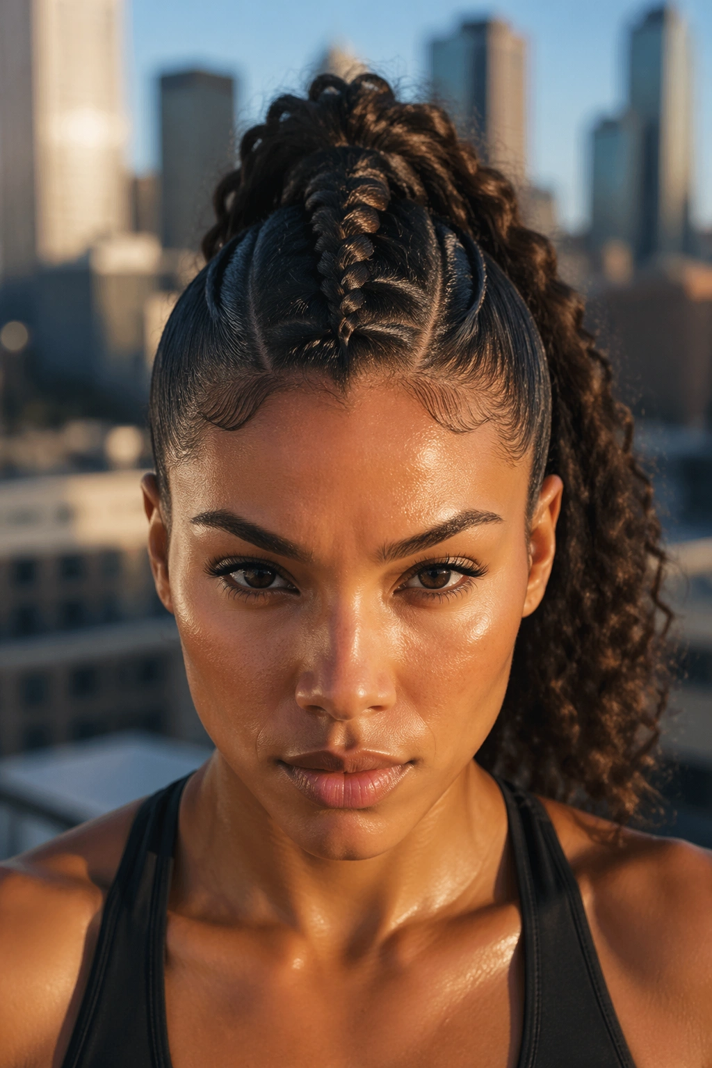 Portrait of a real person with braided mohawk ponytail on an urban rooftop