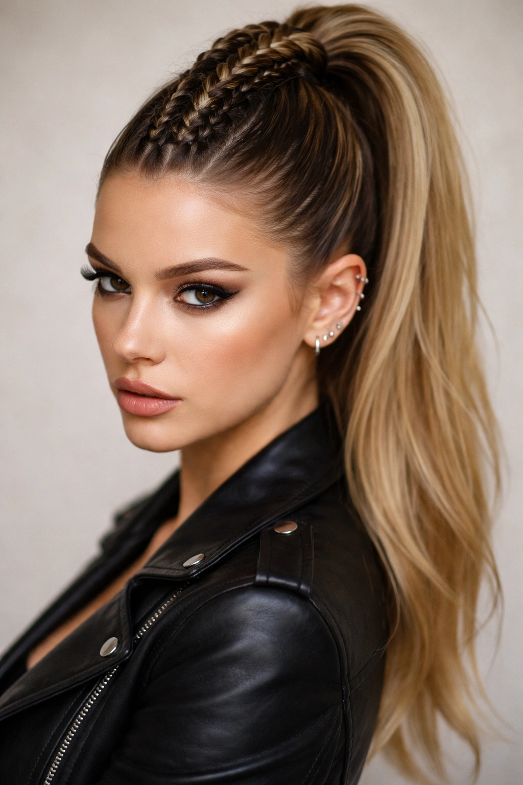 Raised braided mohawk central ridge into ponytail