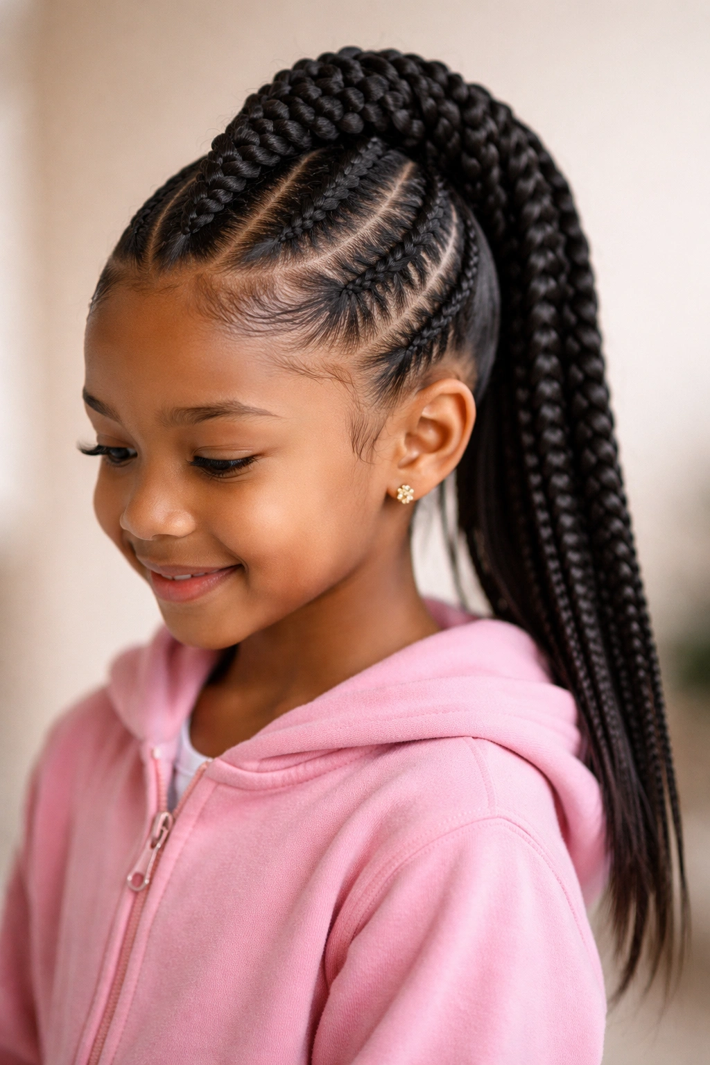 Braided mohawk feed-in ponytail with center ridge and braided sides.