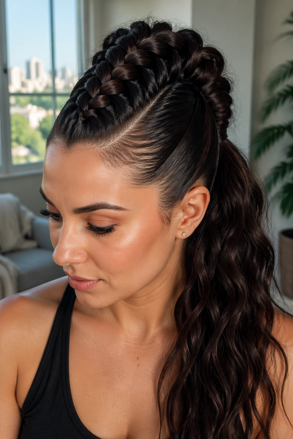 Portrait of a real woman with braided Mohawk ponytail