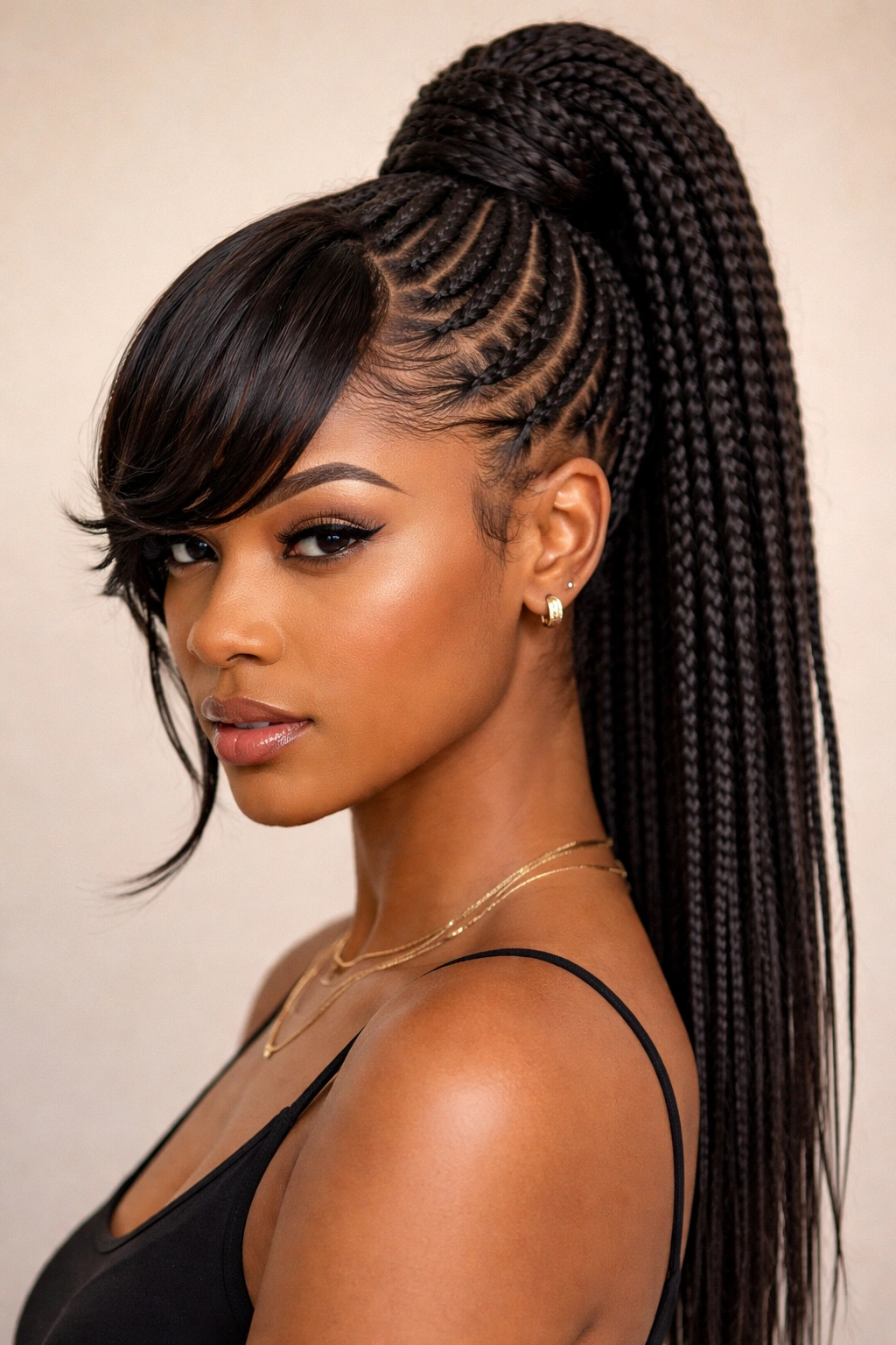Close-up of a braided Mohawk ponytail with swept bangs