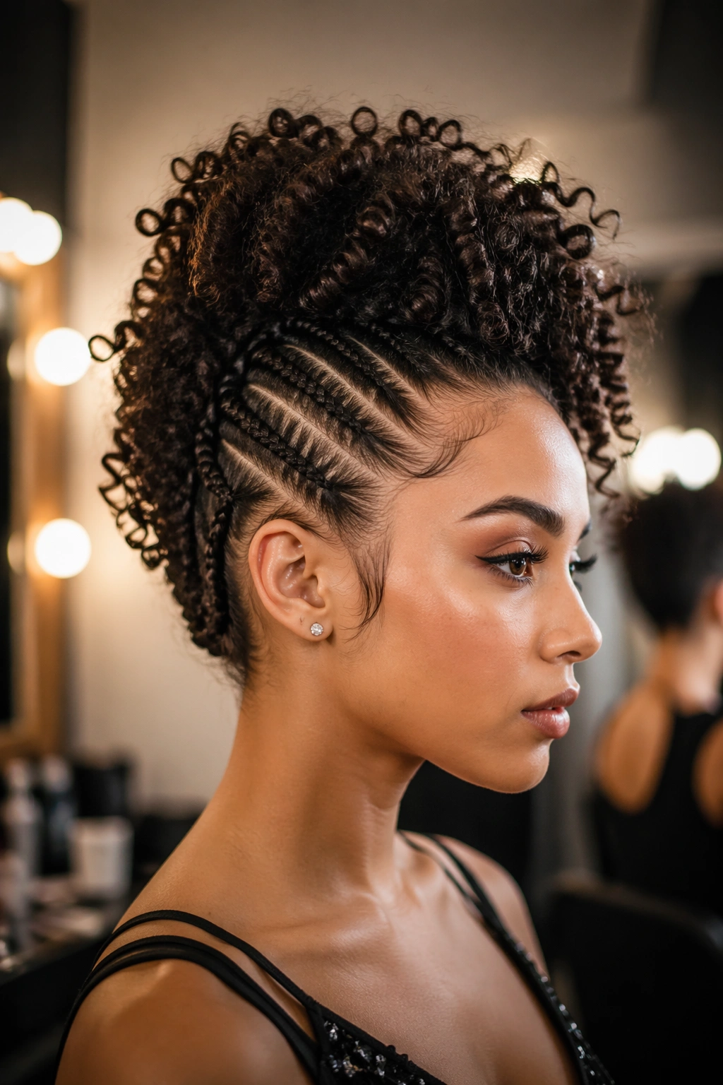 Close-up of a real dancer wearing a braided mohawk puff hairstyle