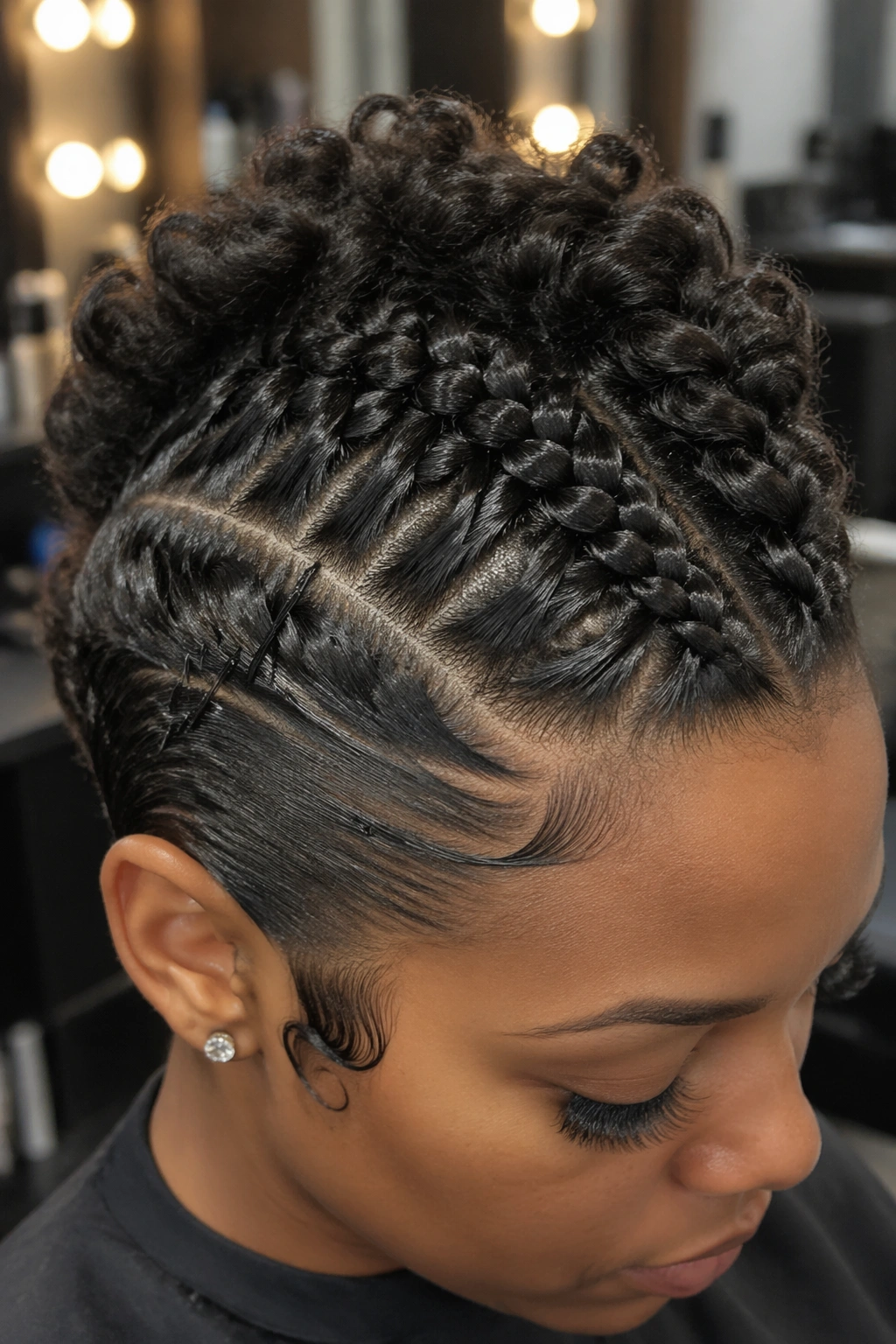 Close-up of braided mohawk with pinned sides on short curls in a salon