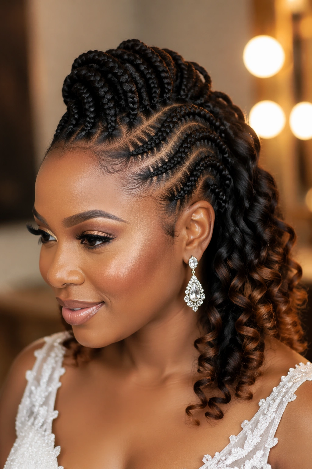 Close-up of a real woman with braided mohawk half-up hairstyle