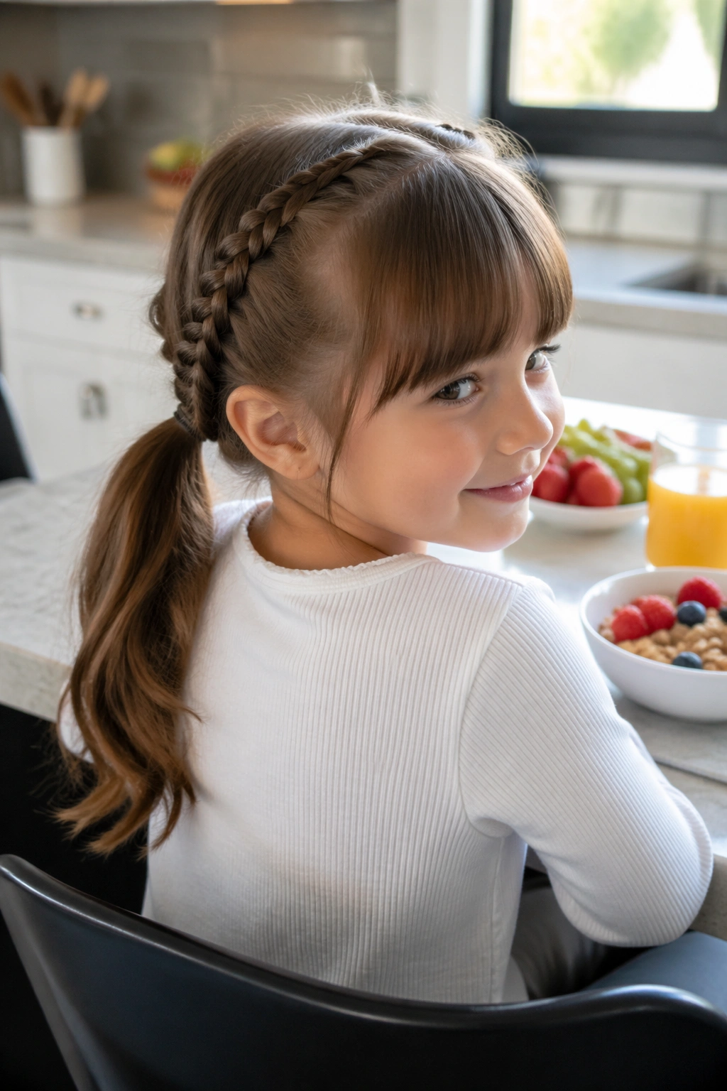 Braided pigtail ponytail hybrid with bangs from over-the-shoulder.