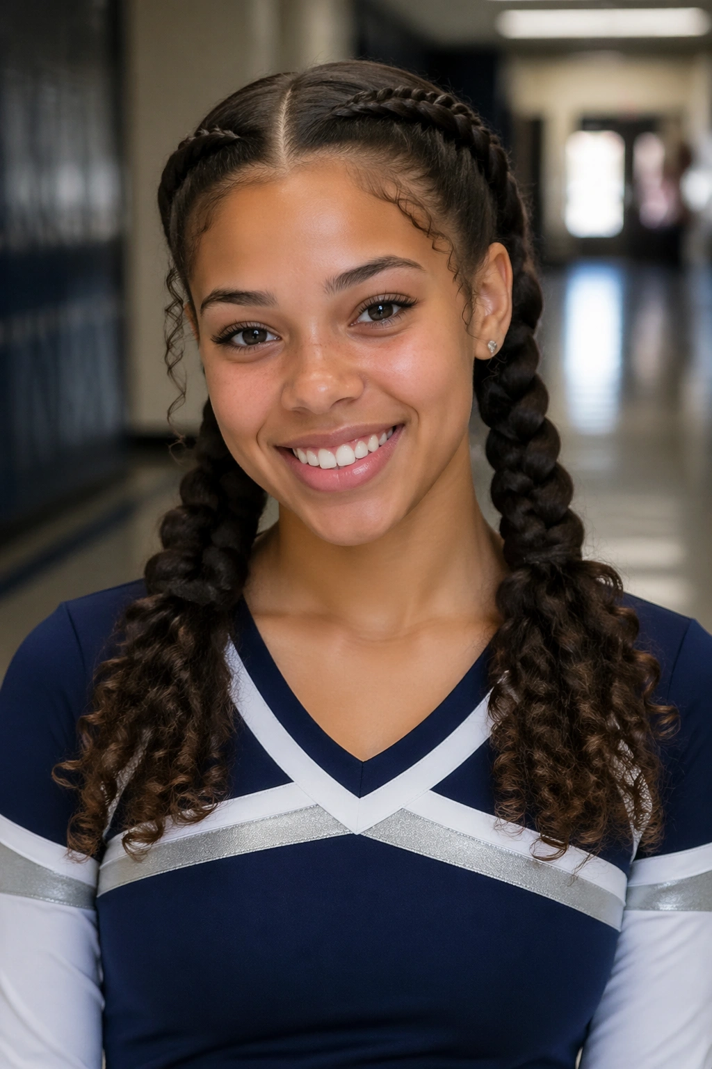 Close-up of a cheerleader with braided pigtails and curly ends