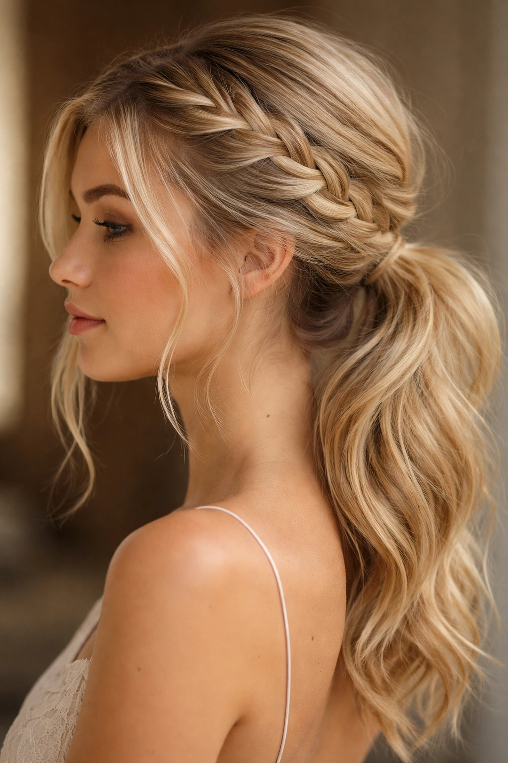 Blonde hair with a softly braided side-swept pony