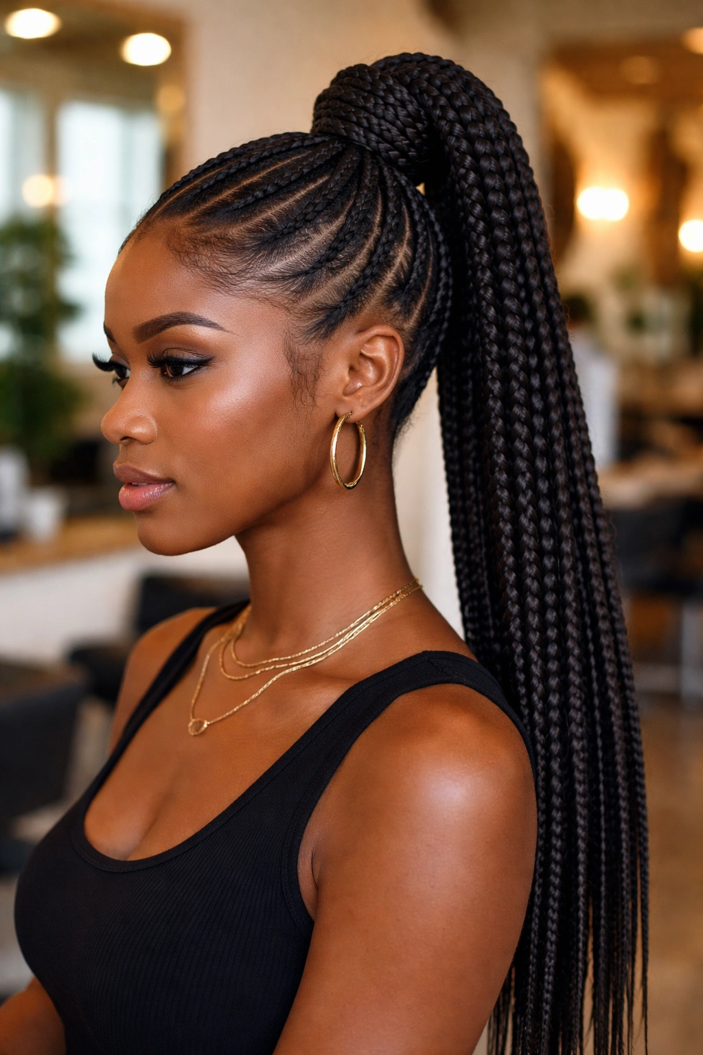 Close-up of a real woman with a high feed-in braided ponytail rising to a crown.