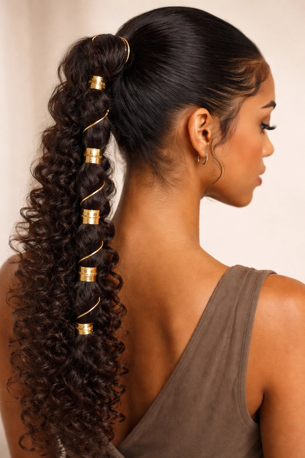 Close-up of accessory-wrapped braided ponytail on curly hair with cuffs and thread