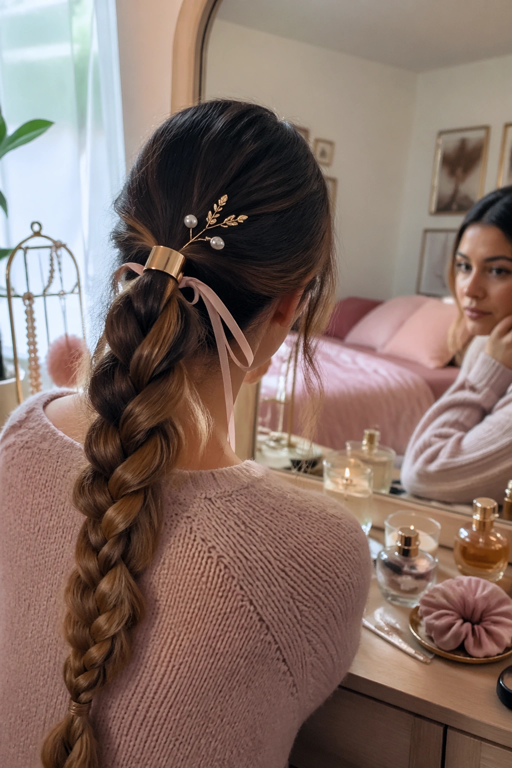 Over-the-shoulder view of accessorized braided ponytail in a vanity mirror.