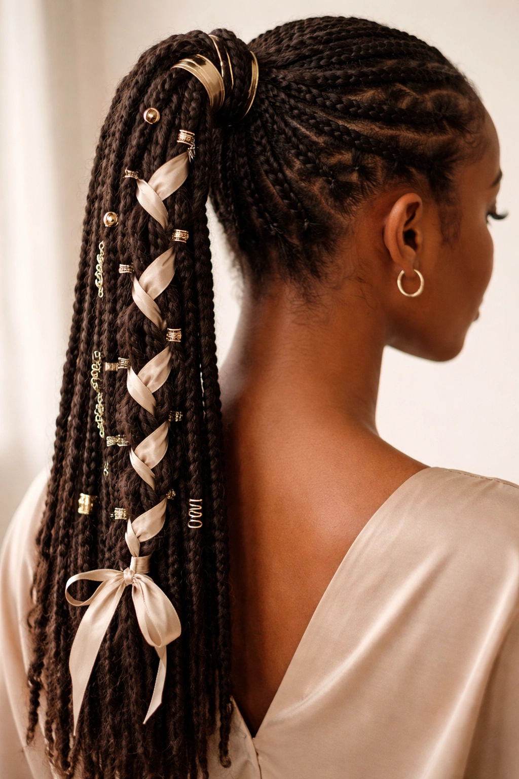 Close-up of braided ponytail with gold rings and ribbon weave, studio lighting