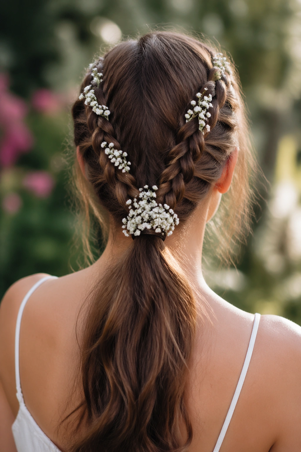 Back view of a real woman with double braided ponytail and baby's breath accents.