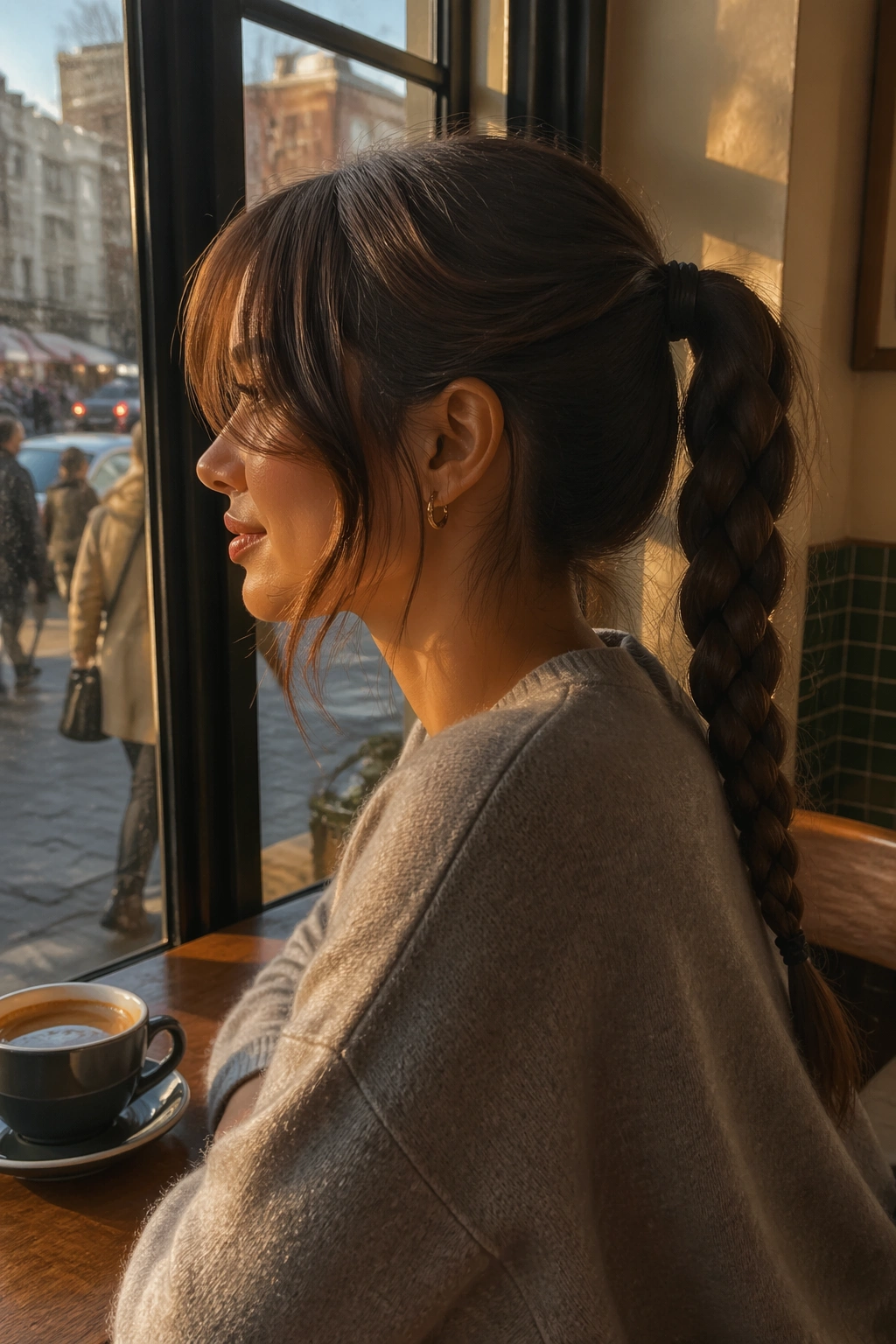 Side profile of braided ponytail with curtain bangs at cafe.