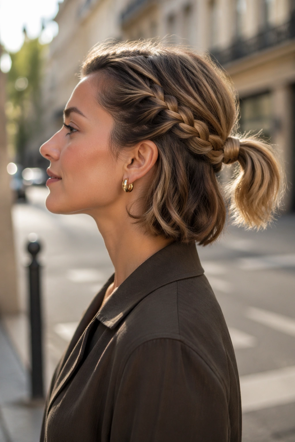 Side-profile of braided base ponytail on city street