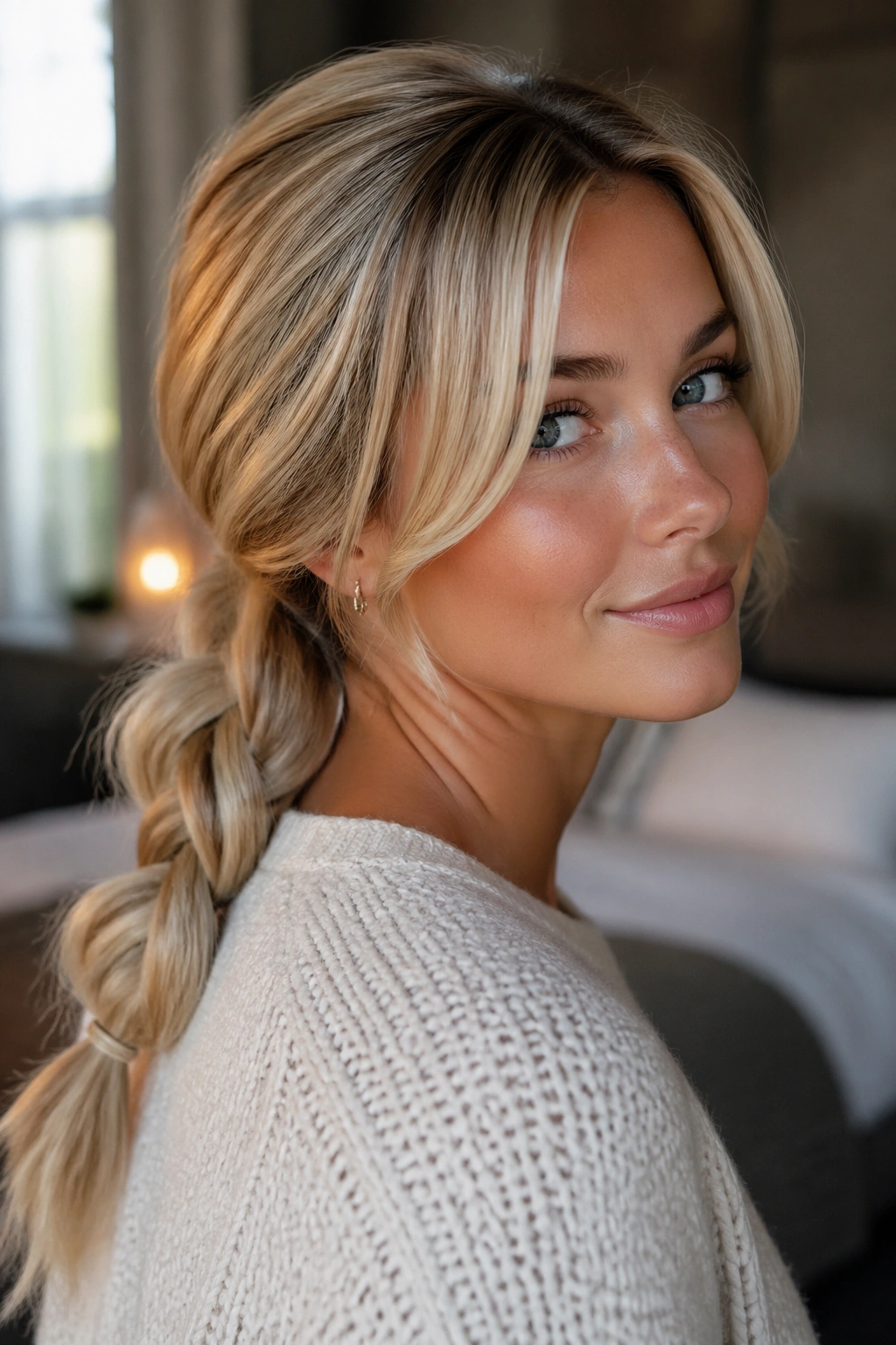 Close-up of a real woman with a braided blonde ponytail and long curtain bangs in warm window light