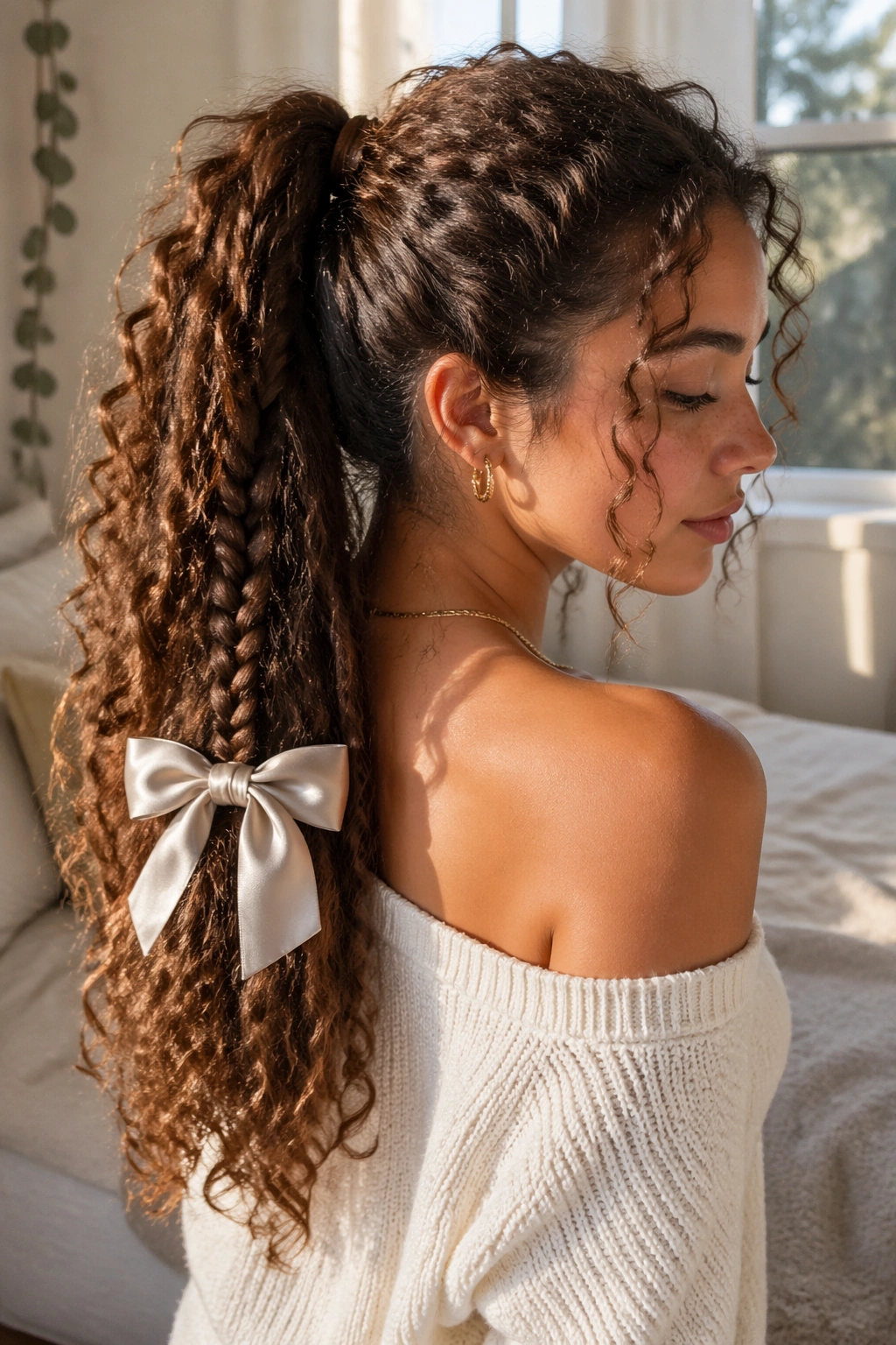 Close-up of braided ends bow ponytail on a real woman with long curly hair in a sunlit bedroom