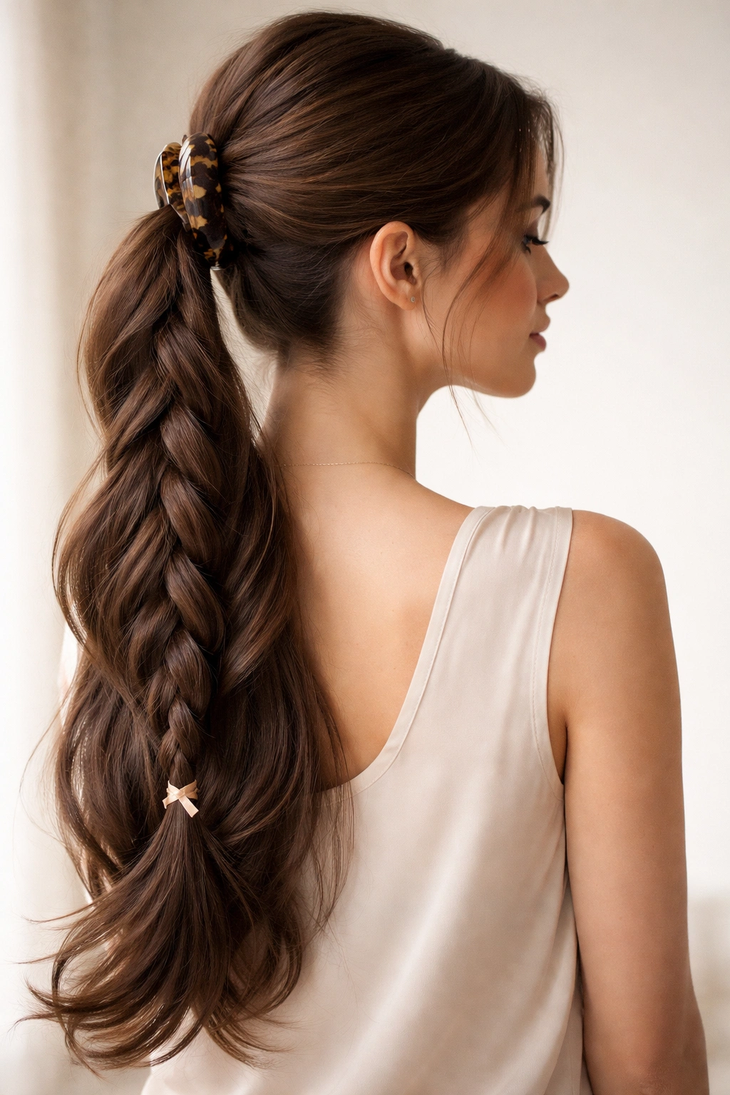 Close-up of braided claw clip ponytail with long tail and loose three-strand braid