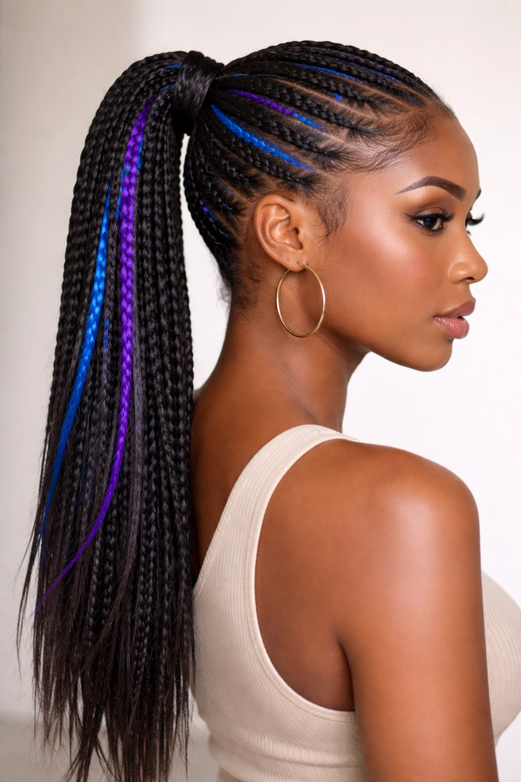 Braided ponytail with color accents featuring electric blue and purple strands.