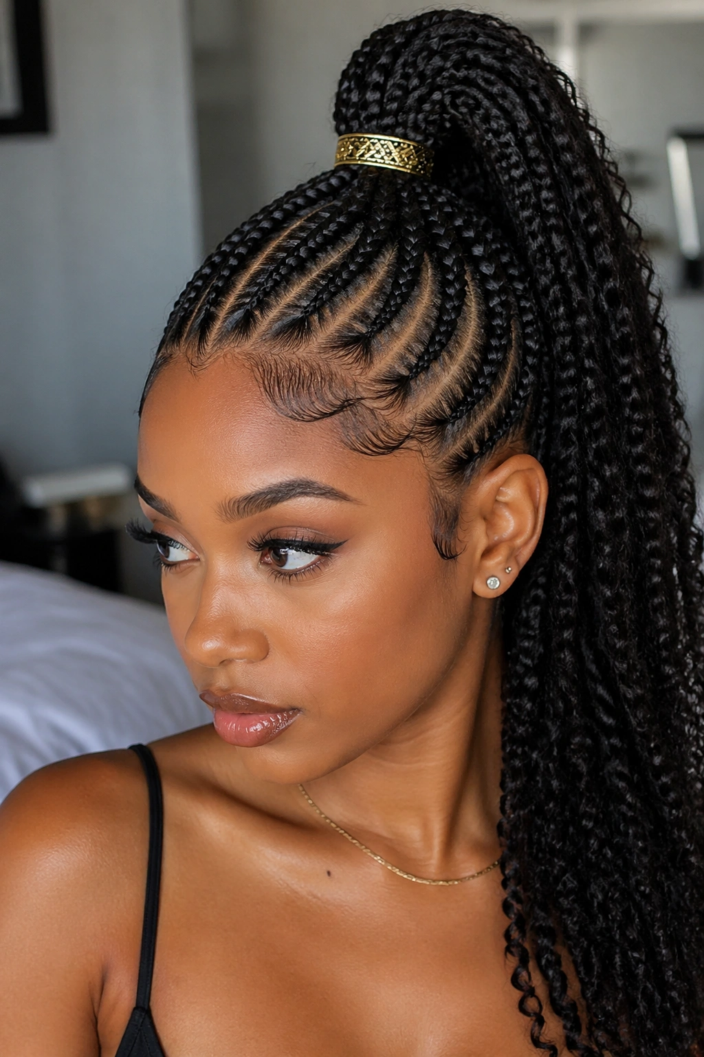 Close-up of cornrow braided ponytail with high ponytail and visible cuff.