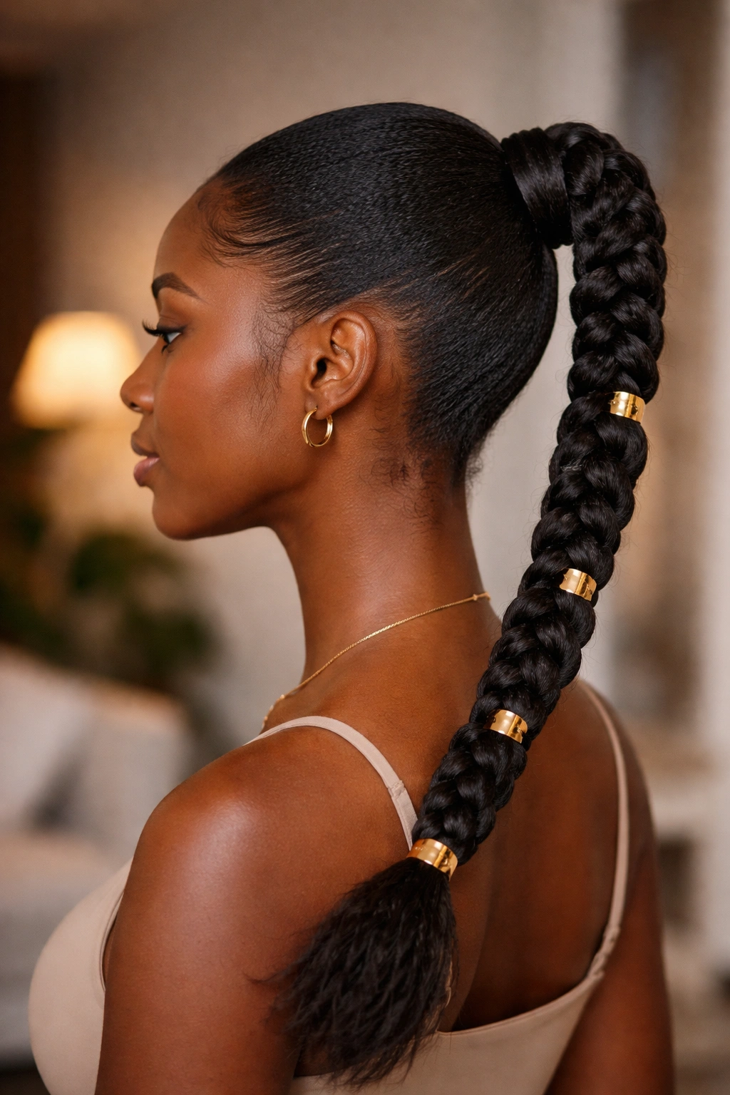 Real person with braided ponytail and small metallic cuffs