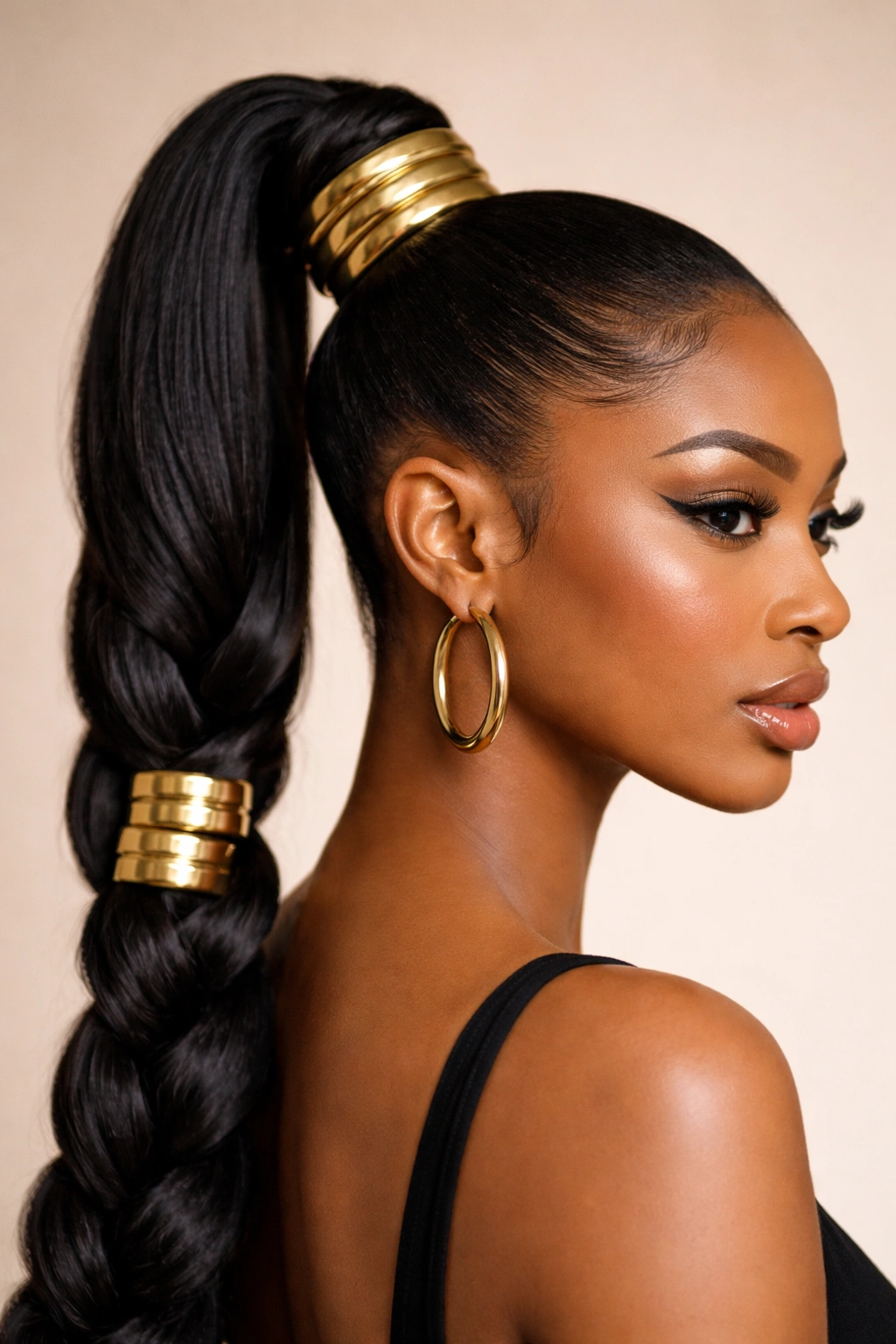 Close-up of a high braided ponytail with metallic cuffs at the base.